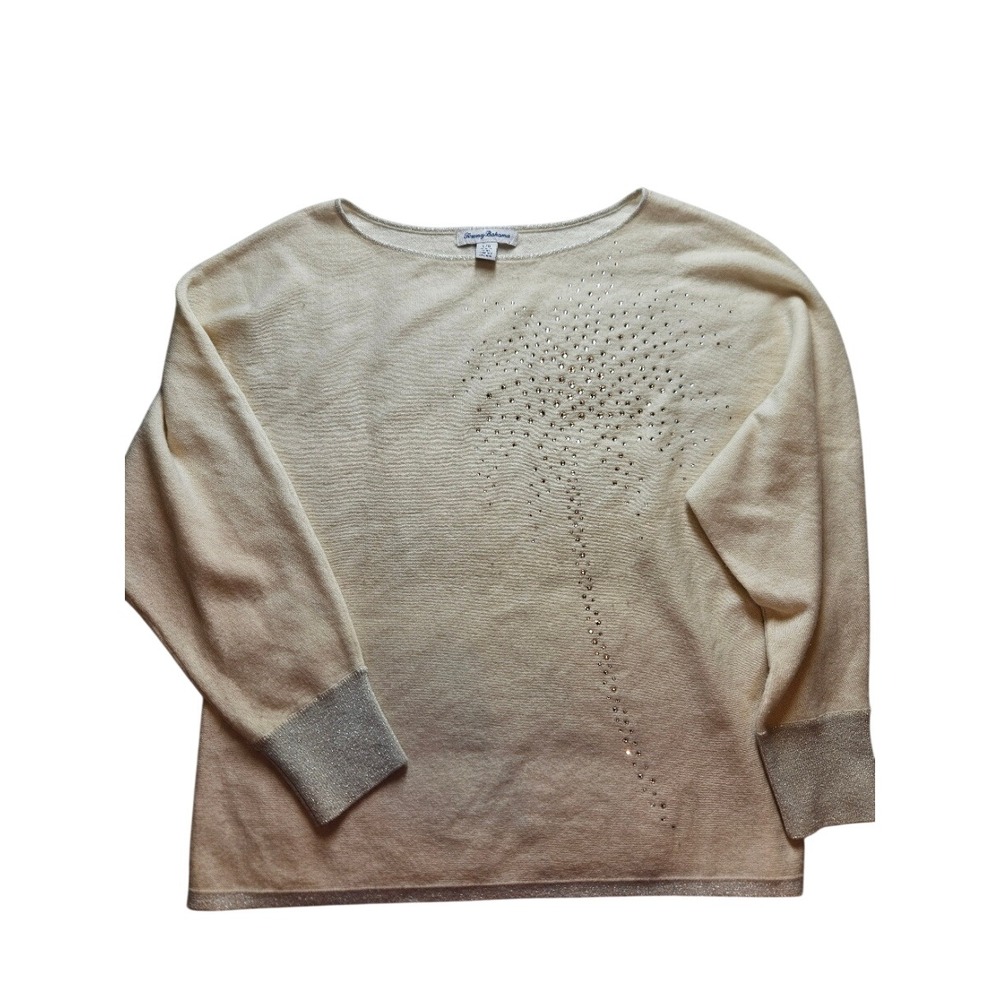 Tommy Bahama Wool Cashmere Blend Rhinestone Palm Tree Sweater Cream Ivory Large